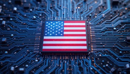 The red and white design of the American flag is displayed on a computer chip, encircled by digital circuitry and a network of blue lines.  The idea of fusing innovation and patriotic technology.