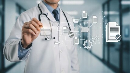 Doctor in white coat interacts with digital document flow in a hospital hallway setting view - Powered by Adobe