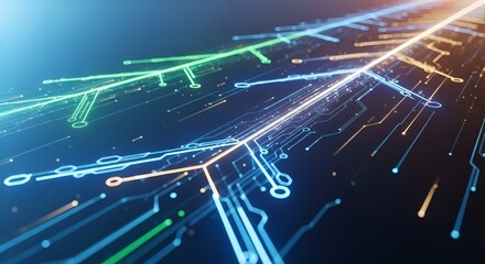 Abstract digital circuit board with blue green and orange light trails and connections design