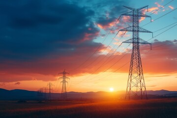 Silhouetted electricity towers and cables set against a dusk sky with power lines stretching across