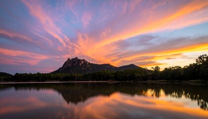Serene sunset over a tranquil lake, reflecting the vibrant hues of the sky onto the calm water's surface, showcasing a mountain silhouette.