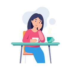 Dreaming and everyday relaxation concept. Young positive girl sitting dreaming at table drinking tea or coffee alone vector illustration
