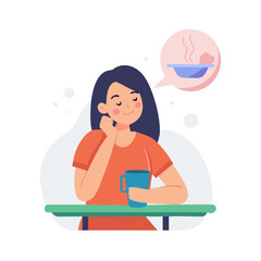 Dreaming and everyday relaxation concept. Young positive girl sitting dreaming at table drinking tea or coffee alone vector illustration