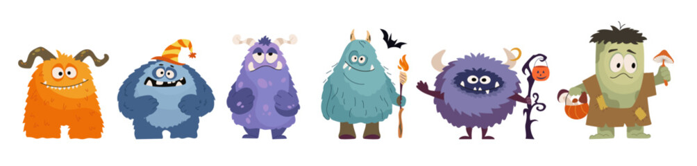 Funny cartoon monsters with different emotions set in bright Halloween style. Funny colorful characters with hats, mushrooms for kids design, sticker, party print. Flat vector holiday illustrations