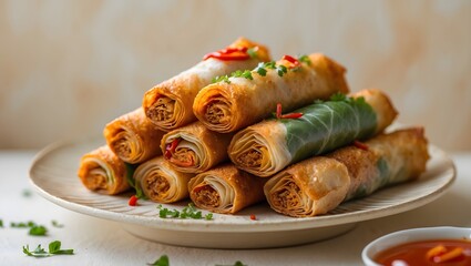 Delicious crispy chicken spring rolls served with sauce on plate