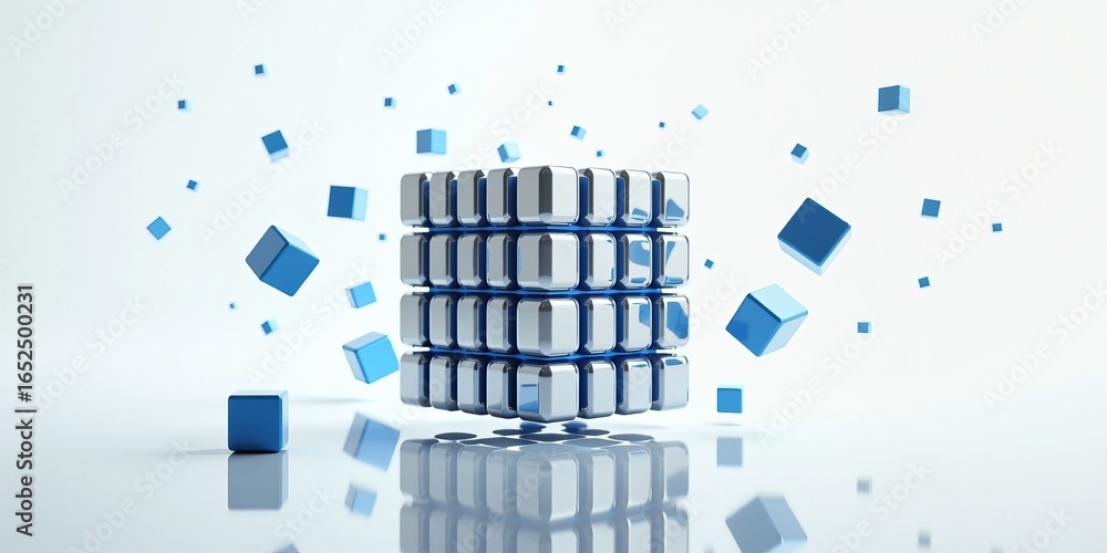Poster innovation and digital transformation concept with abstract stacked blue cubes, 3d rendering of tech