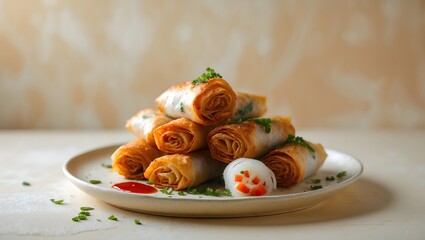 Close up of fried chicken rolls with vegetables on plate