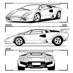 Black and white technical illustration of a classic sports car, showing front, side, and rear views.