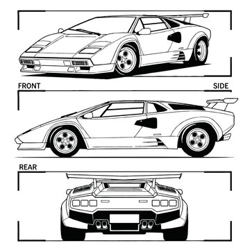 Naklejki Black and white technical illustration of a classic sports car, showing front, side, and rear views.