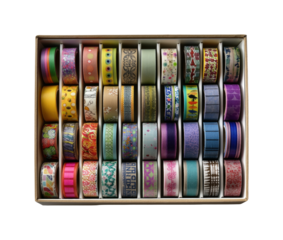 Creative crafting supplies home office product showcase organized aesthetic isolated on transparent background, png