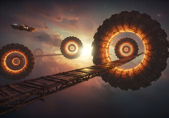 Futuristic glowing circular structures in space