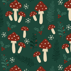 Whimsical Christmas Mushroom Pattern with Snowflakes and Winter Foliage – Festive Seamless Background for Holiday Crafts and Wrapping Paper