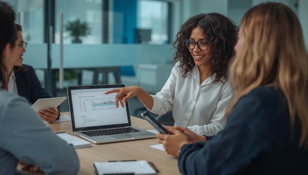 Businesswoman presenting data analysis on laptop to colleague in modern office