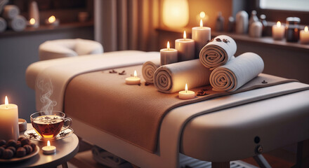 Spa and Relaxation: Massage Table with Candles, Towels, and Herbal Tea in a Tranquil Atmosphere.