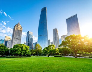 Fototapeta premium Striking Urban Landscape: Skyscrapers in Shanghai, China, framed by green park