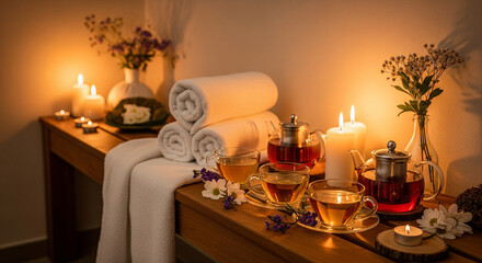 Spa and Relaxation: Massage Table with Candles, Towels, and Herbal Tea in a Tranquil Atmosphere.