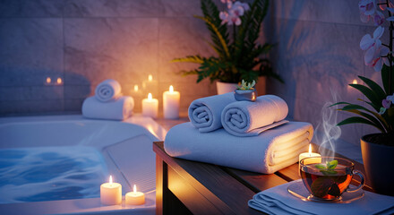 Spa and Relaxation: Massage Table with Candles, Towels, and Herbal Tea in a Tranquil Atmosphere.