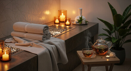 Spa and Relaxation: Massage Table with Candles, Towels, and Herbal Tea in a Tranquil Atmosphere.