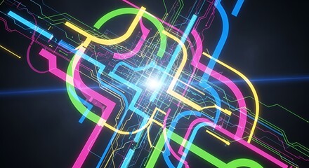 Obraz premium Abstract background featuring colorful lines and a central bright light source on dark backdrop