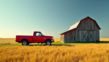 A classic red pickup truck sits near a weathered barn in a sunlit wheat field.