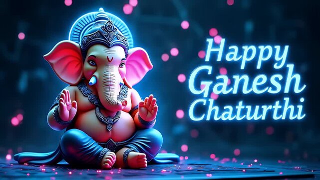 Futuristic cyberpunk style Lord Ganesha with neon blue and pink glow, tech circuit patterns in background, bold &ldquo;Happy Ganesh Chaturthi&rdquo; digital typography.
