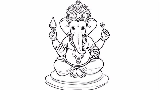 Thick black line doodle of Lord Ganesha sitting cross-legged, holding modak and lotus, with decorative mandala elements around, no fill color.
