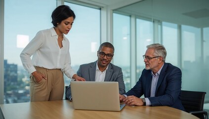 Diverse business team collaborating on a laptop in a modern office setting