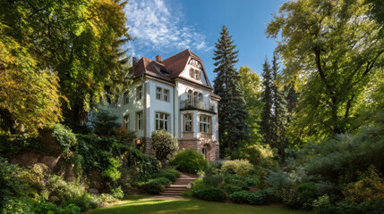 Obraz premium Luxury Single-Family Home in Franconian Architectural Style Surrounded by Trees and Blue Sky – Real Estate Photo from Elevated Angle
