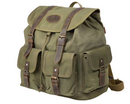 A worn leather travel backpack cut out photo
 - Powered by Adobe