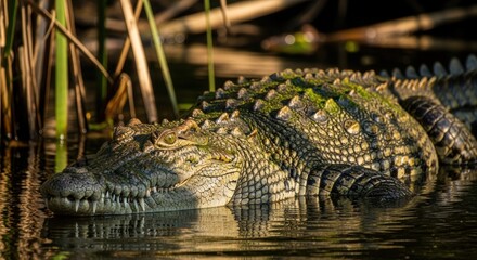 Obraz premium Menacing crocodile basks in the sunlight, a portrait of reptilian might
