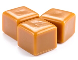 Three irresistible caramel cubes tempting taste buds with their sugary glaze