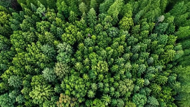 Aerial view of a dense coniferous forest canopy with varying shades of green