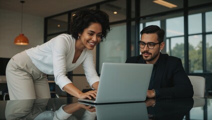 Two smiling business colleagues working together on a laptop in the office