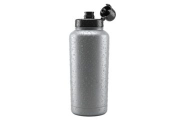 Durable Silver Water Bottle with Easy-Flip Cap and Sweat-Resistant Finish, isolated on transparent cutout background, cut out, png
