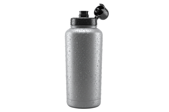 Durable Silver Water Bottle with Easy-Flip Cap and Sweat-Resistant Finish, isolated on transparent cutout background, cut out, png