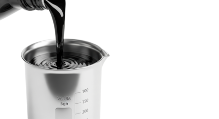 Dark, highly viscous motor oil pouring into a polished silver industrial beaker with volume markings, against a seamless transparent studio background with copy space, concept for industrial lubricant