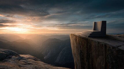 Throne at a cliff edge, Norway, a backdrop with mountains. Power concept