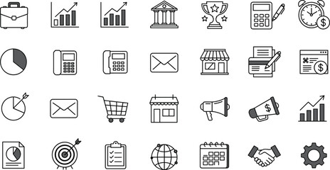 Business finance icons set, marketing strategy symbols, office communication, global trade, growth analytics, planning, management