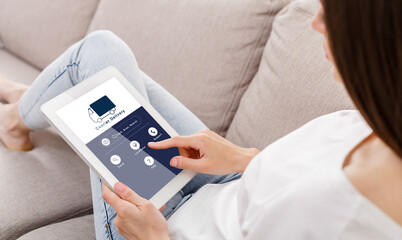 Online purchase, shopping and home delivery address. Millennial lady pushing buttons on digital screen at tablet sit on couch at home while self-isolating in quarantine, collage, cropped, free space