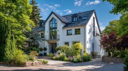 Luxury Single-Family Home in Franconian Architectural Style Surrounded by Trees and Blue Sky &ndash; Real Estate Photo from Elevated Angle