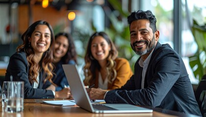 Fictional multicultural business team in a modern office, having a meeting, safe for commercial use.