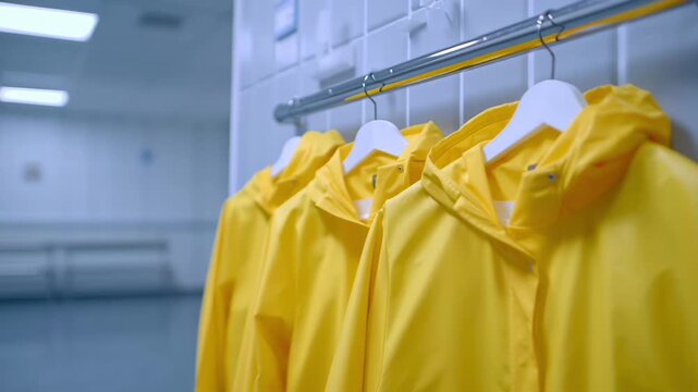 Yellow rain jackets hang indoors on metal rack, providing protection from pathogen and virus exposure in sterile environment
