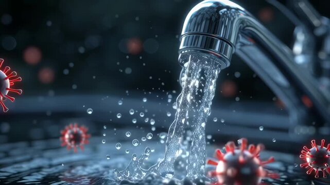 Water flows from faucet indoors with virus and pathogen particles visible, highlighting contamination risk and health concern
