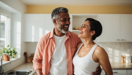 Happy middle aged couple embracing and laughing in a modern kitchen