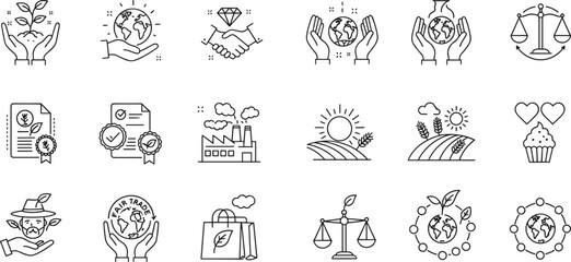 Fair trade icons, sustainability, eco friendly, agriculture, farming, global balance, certification, ethical production, environment care