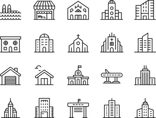 Collection of modern city building icons with house, church, school, hospital, airport, office, shop, government, architecture, flat vector illustration