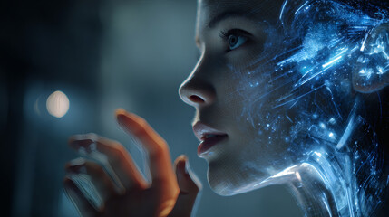 Hyper-Realistic Futuristic AI Assistant Interacting with Human Using Holograms in Ultra-HD Cinematic Lighting