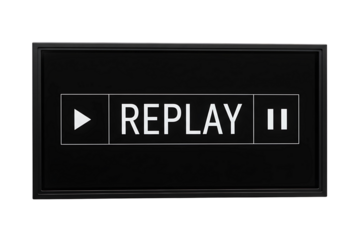 Retro media player displaying the word REPLAY in white text, isolated on transparent cutout background, cut out, png