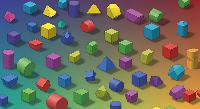 A colorful collection of geometric shapes scattered on a gradient background with soft shadows cast