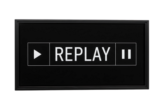 Retro media player displaying the word REPLAY in white text, isolated on transparent cutout background, cut out, png